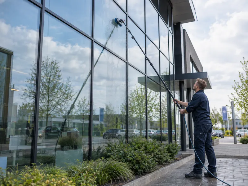 Glazenwasser reinigt de hoge glazen gevel van een bedrijfspand met een telescoopsteel