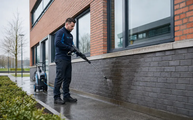 Gevelreiniging bij een bedrijfspand